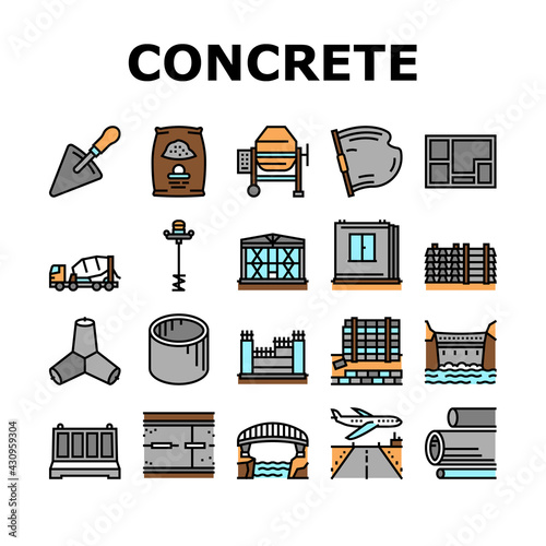 Concrete Production Collection Icons Set Vector. Road And Foundation Concrete, Cement Bag And Spatula Tool, Bridge And Airport Runway Building Concept Linear Pictograms. Contour Illustrations