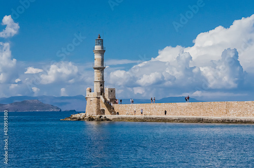 View of the lighthouse in the Venetian harbor of Chania. Crete. Greece.