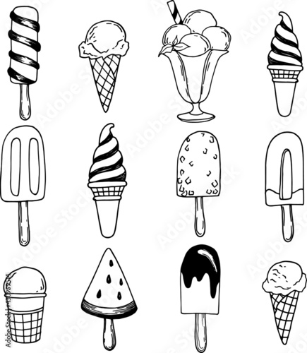 Set of hand drawn ice cream.  ice cream cone, waffle, waffle cup, popsicle, ice cream balls dessert.  Vector illustration in doodle style black and white isolated on white background