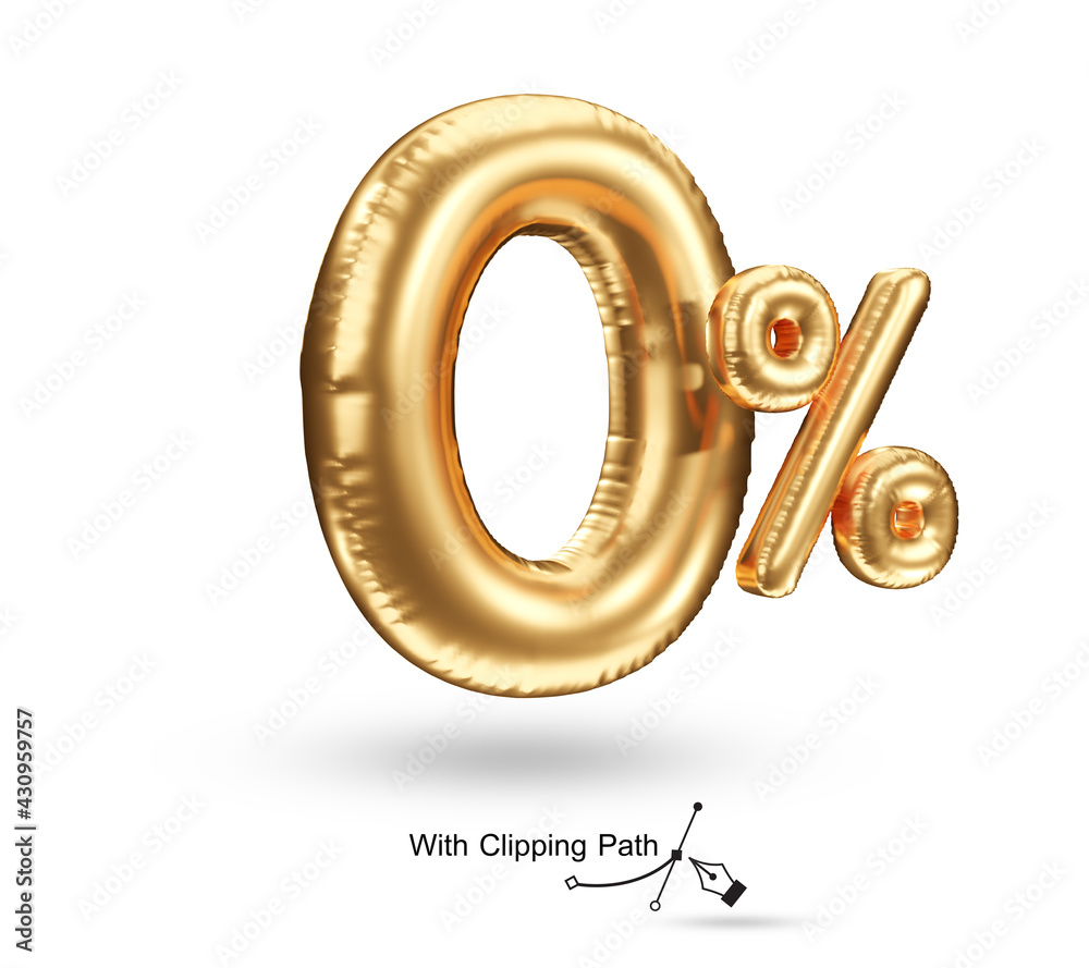 Foil gold balloon zero percent or 0 % special Offer. Isolated over white background. 3D rendering. 3D illustration. With Clipping Path - obrazy, fototapety, plakaty 
