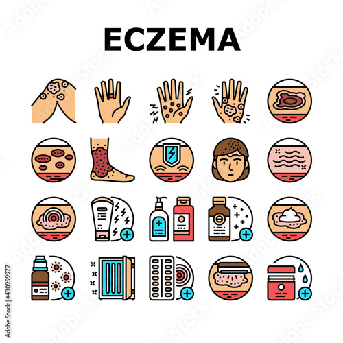 Eczema Disease Treat Collection Icons Set Vector. Nummular And Neurodermatitis Eczema Treatment, Dry Skin And Pain, Contact And Atopic Dermatitis. Concept Linear Pictograms. Contour Illustrations photo