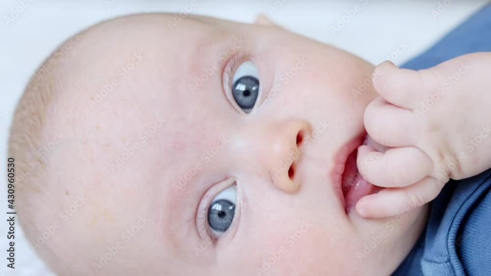 portrait of infant baby with blue eyes looking into camera and sucking fingers macro view portrait of infant baby with blue eyes looking into camera and sucking fingers macro view