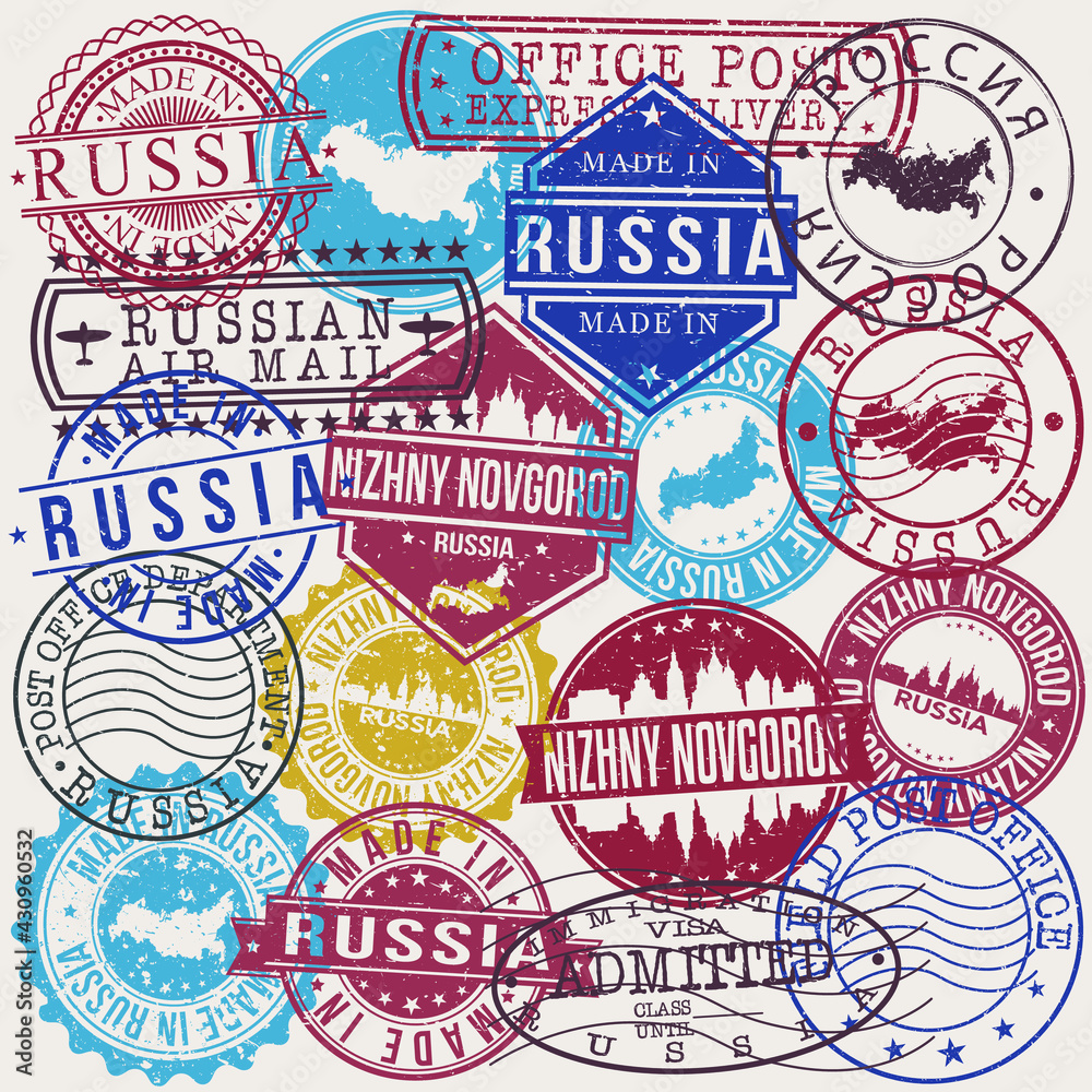 Nizhny Novgorod Russia Set of Stamps. Travel Stamp. Made In Product. Design Seals Old Style Insignia.