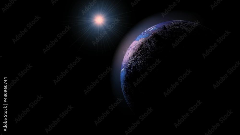 Blue Earth revolves around its axis on a black background in 3d. View our planet from outside.