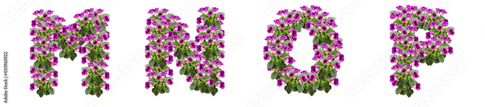 The letters M, N, O, P are made of purple flowers and leaves The letters M, N, O, P are made of purple flowers and leaves