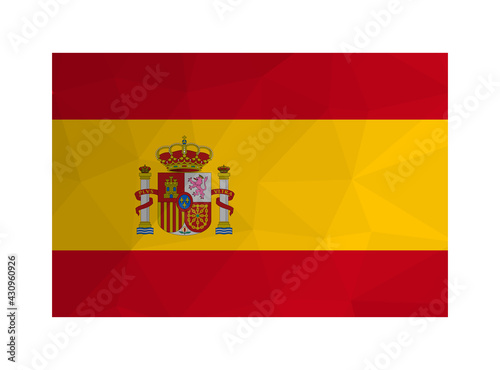 Vector isolated illustration. National Spanish flag with red, yellow stripes and coat of arms. Official symbol of Spain. Creative design in low poly style with triangular shapes. Gradient effect.