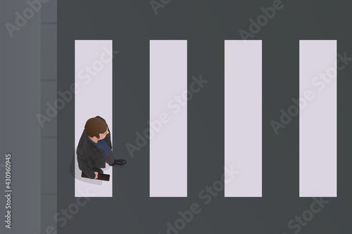 Concept et symbole d’un esprit discipliné, avec un homme vu du dessus, qui traverse la rue sur un passage piéton.