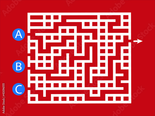 Labyrinth shape design element. Three entrance, one exit and one right way to go, but many paths to deadlock.Funny maze. Game for kids. Puzzle for children vector illustration.