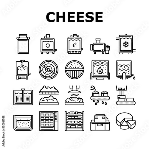 Cheese Production Collection Icons Set Vector. Cheese Preparing Factory Industrial Equipment And Refrigerator, Heating And Cheesemaking Machine Black Contour Illustrations