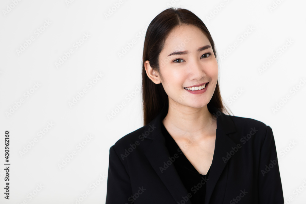 Young and cute beautiful black long hair woman pose with self-confidence on white background Young and cute beautiful black long hair woman pose with self-confidence on white background