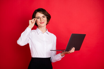 Photo portrait of business woman working on laptop doing project in internet isolated vivid red color background