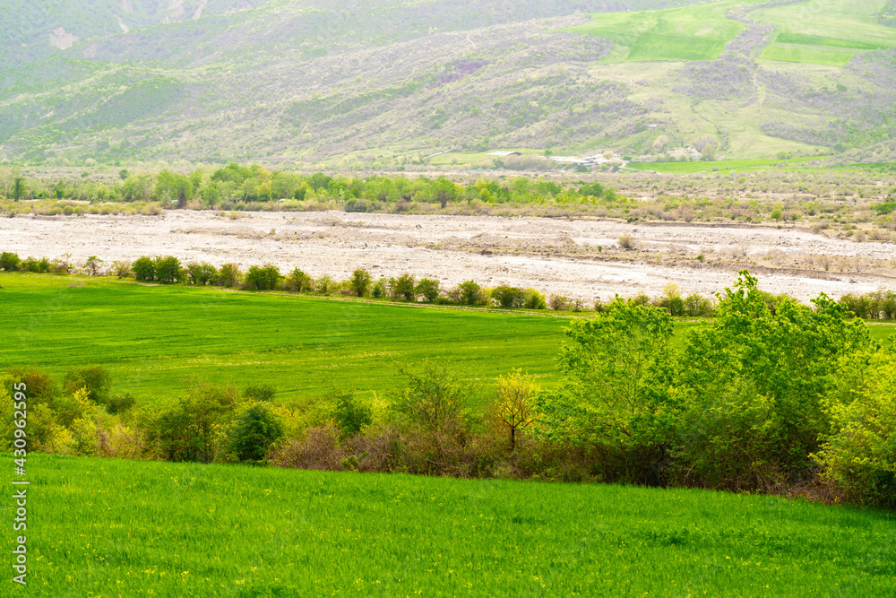 Green farm fields at the foot of mountains