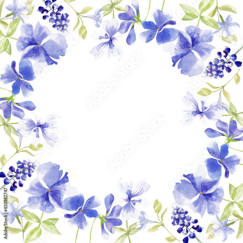 floral watercolor frames of blue and purple flowers. Hand drawn violets, forest flowers and herbs on a white background. Suitable for invitations, posters, social media posts