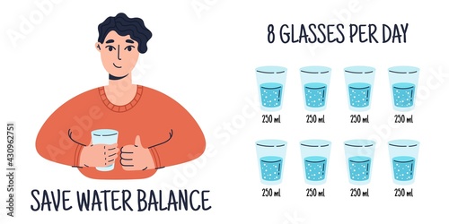 Happy boy showing positive gestures with glass of water. Water balance tracker. 8 glasses per day. Colored flat vector illustration isolated on white background.