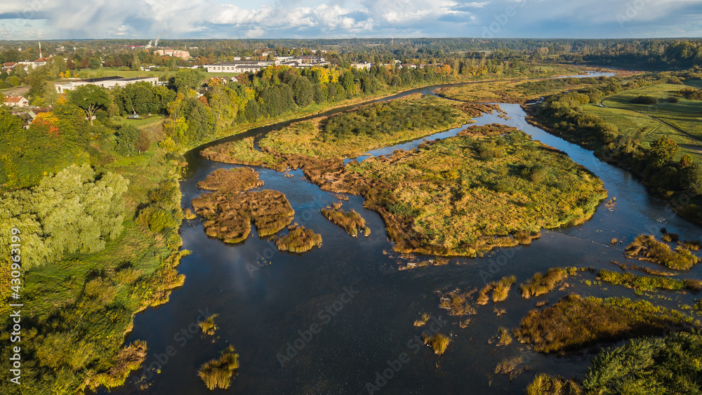Aerial view of Kuldiga town in sunny autumn morning, Latvia.