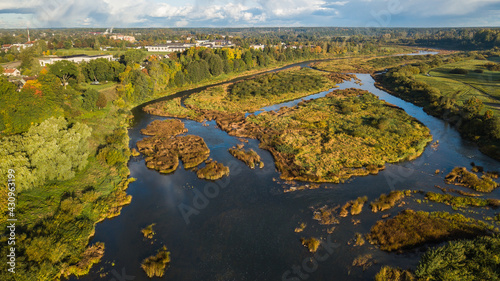 Aerial view of Kuldiga town in sunny autumn morning  Latvia.