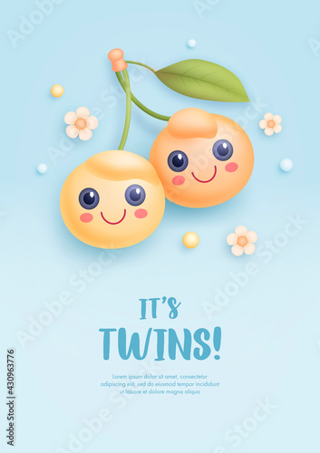 Baby shower invitation with cute couple cherry cartoon and flowers on blue background. It's twins. Vector illustration