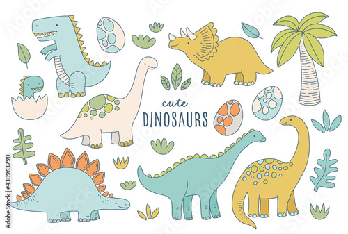 Dinosaurs vector set in cartoon scandinavian style. Colorful cute kids illustration. Posters, invitations, nursery decor, children apparel.