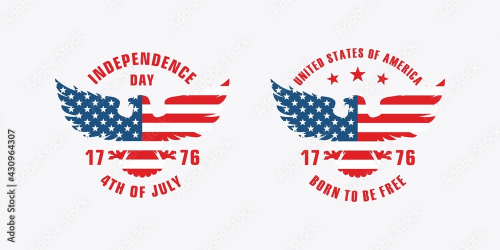 Set of color illustrations of eagle, flag, stars and text on the background. Vector illustration in vintage style for emblem, poster, label, badge, postcard. Symbols of the USA. Independence Day.
