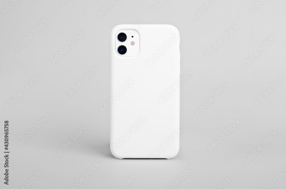 White iphone 11 isolated on gray background, phone case mock up, smart phone back view