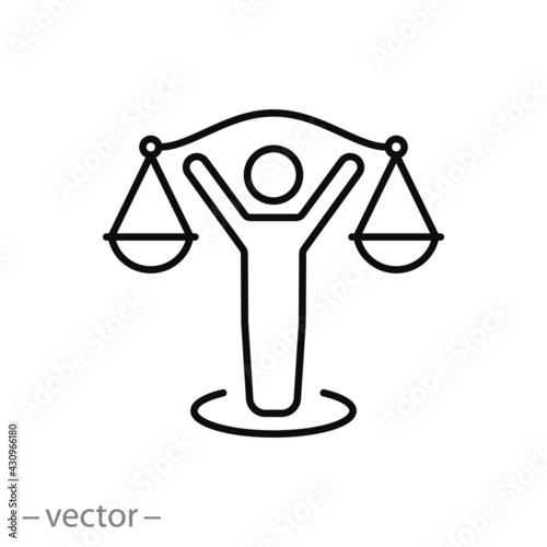 ethic balance icon, man with scale, principle justice or moral, code honesty, thin line symbol on a white background - editable stroke vector illustration eps10
