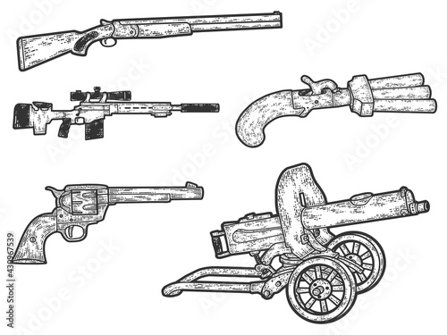 Set of military weapons. Sketch scratch board imitation. Black and white.