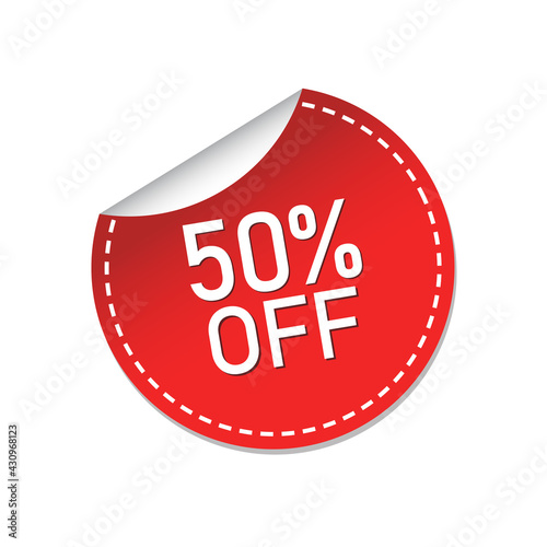 50% off sticker advertisement label, Special offer promotion price tag icon with shadow, Isolated on white background, Vector illustration