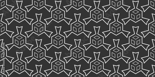 Monochrome background pattern with abstract geometric ornament on black background, wallpaper. Seamless pattern, texture. Vector image