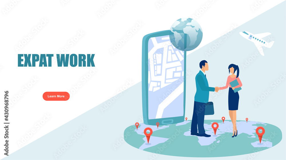 Work and travel abroad concept. Vector of a business man traveling to a new country for job opportunities Work and travel abroad concept. Vector of a business man traveling to a new country for job opportunities