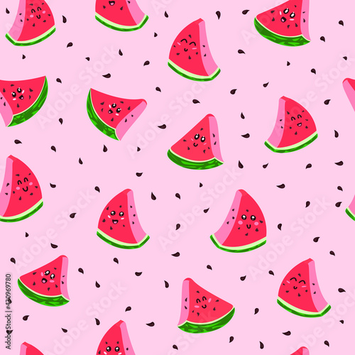 Cute, kawaii anthropomorphic cartoon watermelon slices seamless pattern. Great for Spring or Summer fabric, scrap-booking, gift-wrap, wallpaper, product design product design. Surface design. Vector