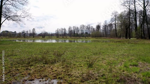 Flooded meadows after spring downpours in Wegrow County, Masovian Voivodeship of Poland, 4k video photo