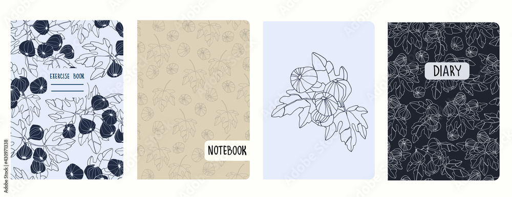 Cover page vector templates with fig tree branches and fruit. Headers isolated and replaceable