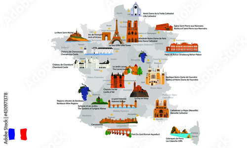 France historical and touristic places. 29 different layers. Vector images. french and english