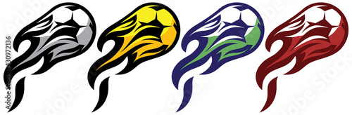 Set of four templates with soccer balls and flames. Elements for design. Colored vector illustration