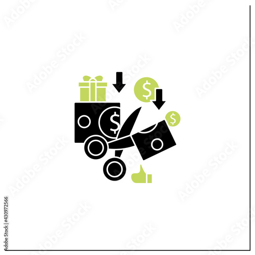 Less spending glyph icon. Reasonable money use. Mindful spending.Scissors cut money.Universal basic income concept.Filled flat sign. Isolated silhouette vector illustration
