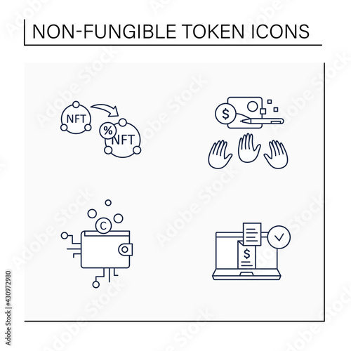 NFT line icons set. Non fungible tokens resale, cryptocurrency wallet, digital receipt, popular work.Unique digital assets. Digitalization concept. Isolated vector illustrations.Editable stroke