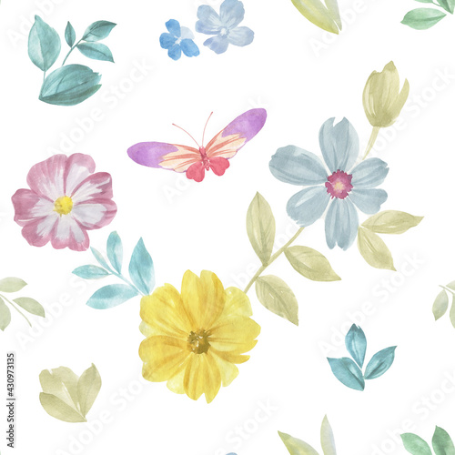 seamless botanical pattern. Flowers  butterflies and leaves painted in watercolor on a white background.