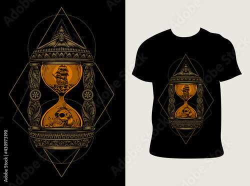 illustration vector antique hourglass ornament with t shirt design