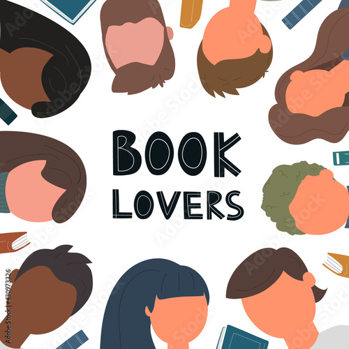 Greeting card with young women and men. Modern illustration of book lover, reader, literature fan isolated on white background. Vector