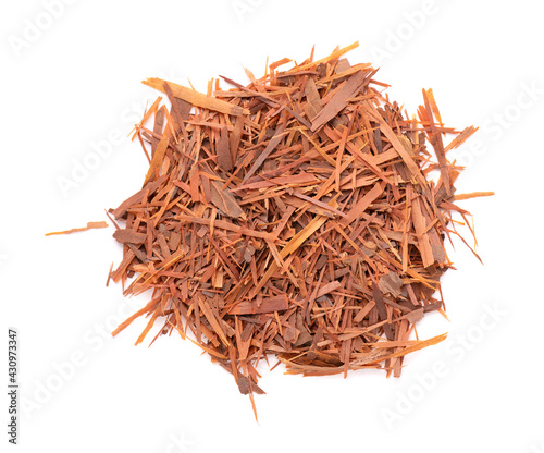 Lapacho herbal tea, isolated on white background. Natural Taheeboo dry tea. Pau d'arco herb. Tabebuia heptophylla. Top view.