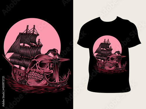 illustration vector skull pirate ship with t shirt design