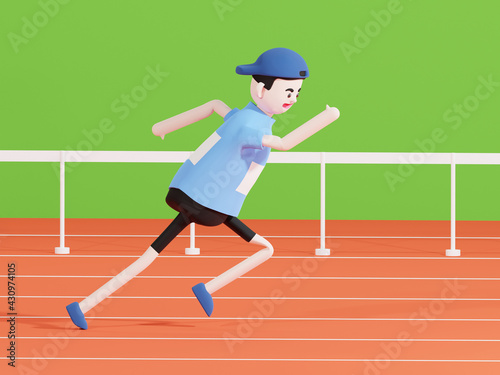 3D Cartoon character running, Marathon participants isolated on Running track background, A running athlete - 3d illustration