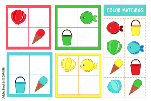Matching children educational game. Match by color. Activity for kids and toddlers summer holidays theme