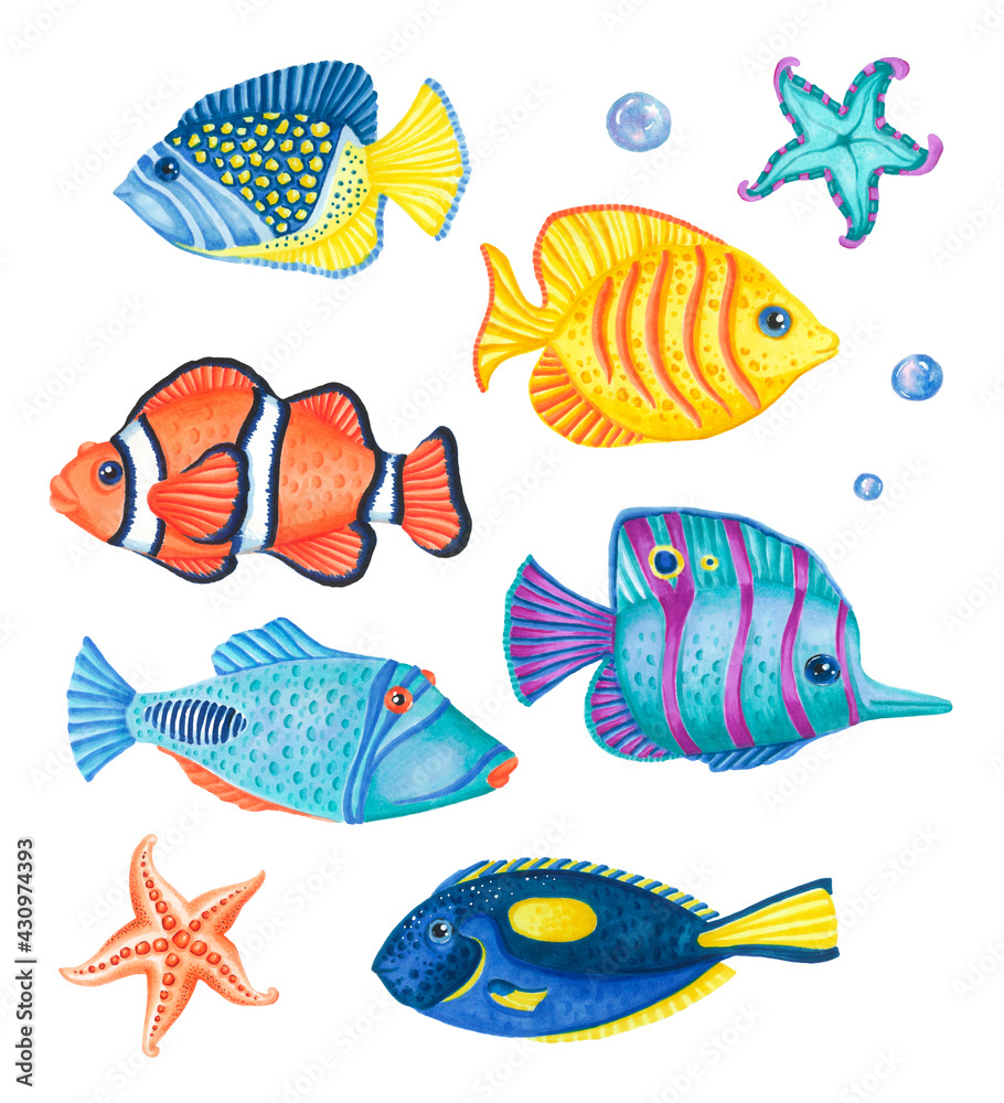 Set of colorful sea fish. Hand drawn illustration isolated on white background.