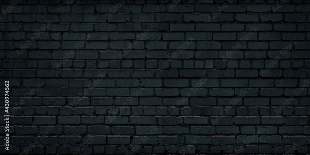 Black old brick wall widescreen texture. Dark brickwork abstract grunge industrial background