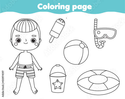 Coloring page with cartoon boy and beach objects. Drawing kids activity. Printable fun for toddlers and children