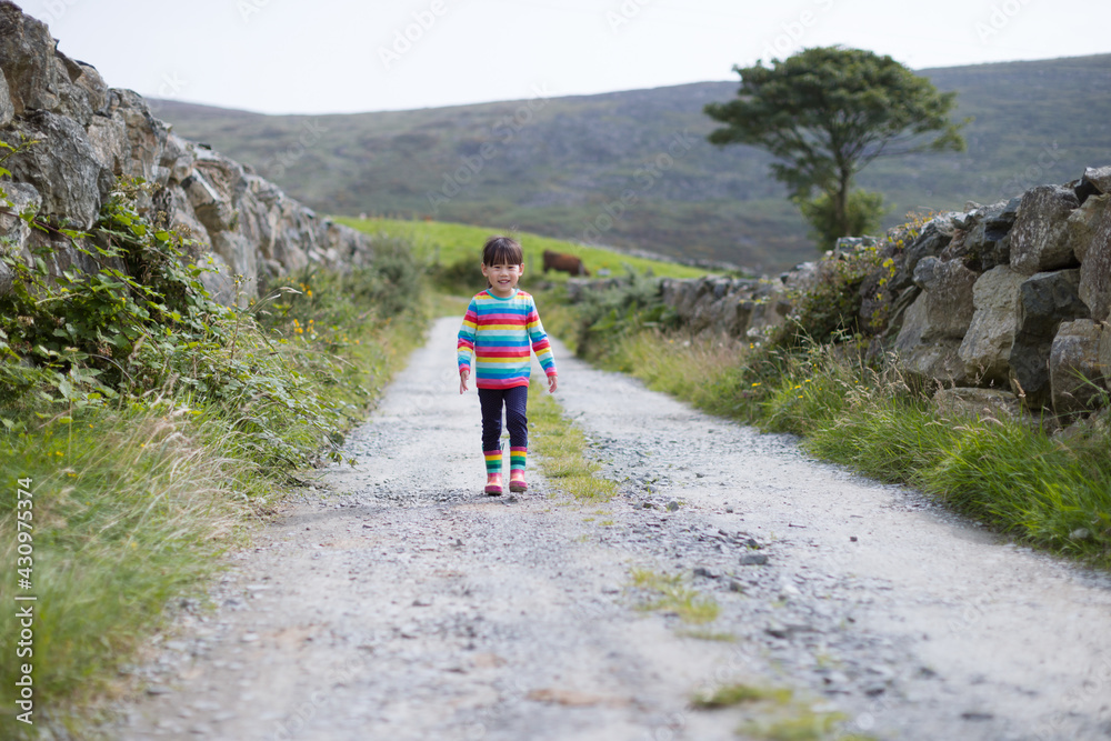 young  girl walking  on  summer countryside road