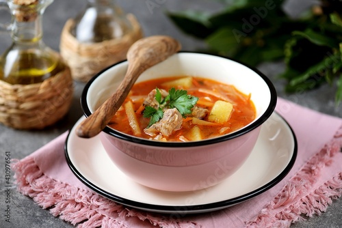 Soup with veal, cabbage, turnips, onions, carrots, potatoes and tomatoes.