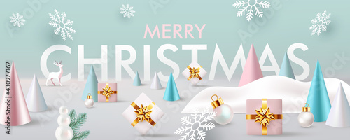Christmas, New Year background. Abstract design with 3d conical Christmas tree, gift boxes, snowflakes. Xmas horizontal header for the site. Winter holiday composition. Greeting card, banner, poster