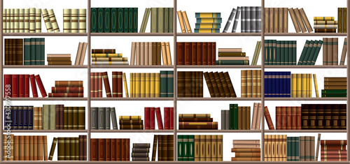 Library. Bookshelf. Large bookcase in the library, shop with many different books. Background from books.
